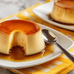 Delicioso flan de huevo casero, receta de la abuela, con caramelo líquido y una porción retirada.