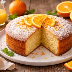 Tarta de naranja esponjosa, espolvoreada con azúcar glas y decorada con rodajas de naranja. Acompañada de zumo de naranja fresco.