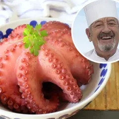 Pulpo a la gallega listo para servir, con un chef sonriente al fondo.