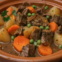 Un delicioso estofado de carne en salsa, con patatas, zanahorias y guisantes, como el que sirven en los bares.