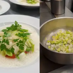 Deliciosos puerros picados en una olla, listos para ser parte de fantásticas recetas con puerros. Plato terminado con vieiras y puerros.
