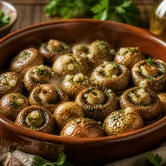 Champiñones al horno, dorados y jugosos, servidos en una cazuela de barro con ajo y perejil.