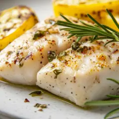 Dos filetes de merluza al horno con patatas asadas y romero. Un plato delicioso y saludable.