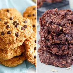 Dos tipos de galletas de avena y chocolate: unas clásicas con chispas y otras tipo "no-bake" oscuras y húmedas.