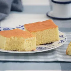 Dos porciones de pa de pessic esponjoso y dorado en un plato con diseño azul.