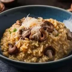 Un cremoso arroz a la milanesa con champiñones frescos y queso rallado, servido en un cuenco azul.