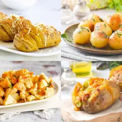 Variedad de recetas con patatas: Hasselback gratinadas, patatas asadas enteras, patatas bravas y patatas rellenas. ¡Deliciosas ideas!