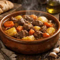 Un humeante estofado de ternera tradicional con patatas y zanahorias en una cazuela de barro, listo para servir.