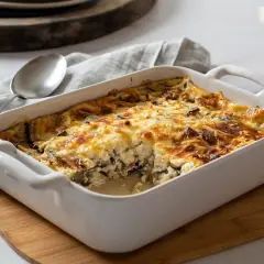 Pastel de berenjenas gratinado en una fuente blanca, listo para servir.