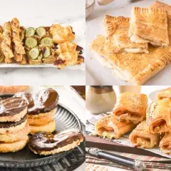 Variedad de recetas con hojaldre: palmeritas de chocolate, rollitos salados, bocaditos dulces y salados con queso y jamón.
