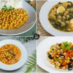 Cuatro platos deliciosos: garbanzos con curry y arroz, potaje de garbanzos con espinacas y huevo, guiso de garbanzos con verduras y ensalada de garbanzos. ¡Ideas para recetas con garbanzos de bote!
