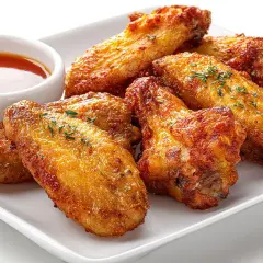 Deliciosas alitas de pollo al horno, doradas y crujientes, servidas con una salsa picante.