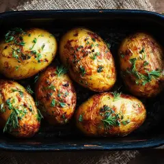 Patatas al horno doradas y crujientes, espolvoreadas con hierbas frescas, listas para disfrutar.