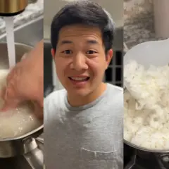 Hombre sonriente mostrando cómo lavar arroz para un delicioso arroz chino venezolano.