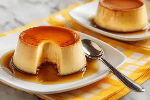 Delicioso flan de huevo casero, receta de la abuela, con caramelo líquido y una porción retirada.