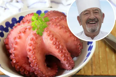 Pulpo a la gallega listo para servir, con un chef sonriente al fondo.
