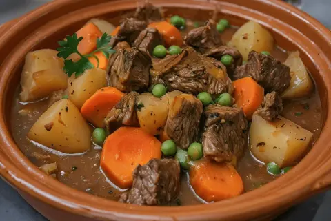 Un delicioso estofado de carne en salsa, con patatas, zanahorias y guisantes, como el que sirven en los bares.