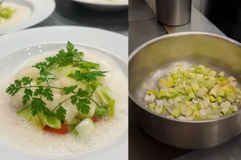 Deliciosos puerros picados en una olla, listos para ser parte de fantásticas recetas con puerros. Plato terminado con vieiras y puerros.