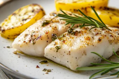 Dos filetes de merluza al horno con patatas asadas y romero. Un plato delicioso y saludable.