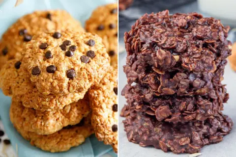 Dos tipos de galletas de avena y chocolate: unas clásicas con chispas y otras tipo "no-bake" oscuras y húmedas.