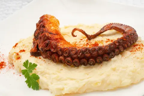 Un tentáculo de pulpo a la plancha, crujiente y especiado, reposa sobre un puré cremoso.