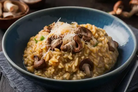 Un cremoso arroz a la milanesa con champiñones frescos y queso rallado, servido en un cuenco azul.