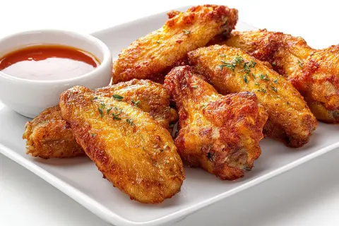Deliciosas alitas de pollo al horno, doradas y crujientes, servidas con una salsa picante.