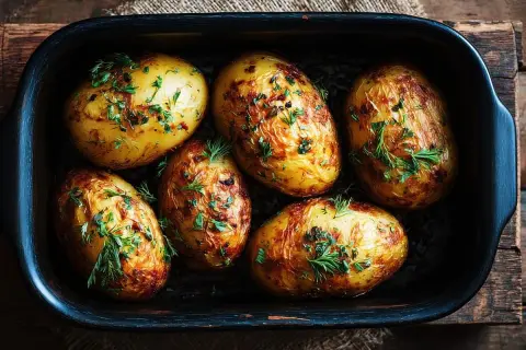 Patatas al horno doradas y crujientes, espolvoreadas con hierbas frescas, listas para disfrutar.