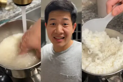 Hombre sonriente mostrando cómo lavar arroz para un delicioso arroz chino venezolano.