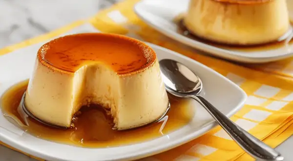 Delicioso flan de huevo casero, receta de la abuela, con caramelo líquido y una porción retirada.