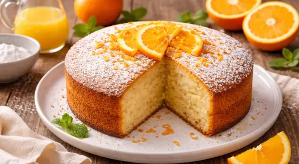 Tarta de naranja esponjosa, espolvoreada con azúcar glas y decorada con rodajas de naranja. Acompañada de zumo de naranja fresco.