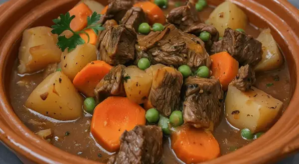 Un delicioso estofado de carne en salsa, con patatas, zanahorias y guisantes, como el que sirven en los bares.