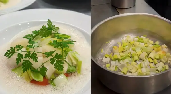 Deliciosos puerros picados en una olla, listos para ser parte de fantásticas recetas con puerros. Plato terminado con vieiras y puerros.