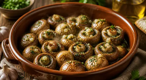 Champiñones al horno, dorados y jugosos, servidos en una cazuela de barro con ajo y perejil.