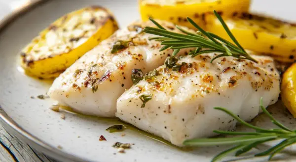 Dos filetes de merluza al horno con patatas asadas y romero. Un plato delicioso y saludable.