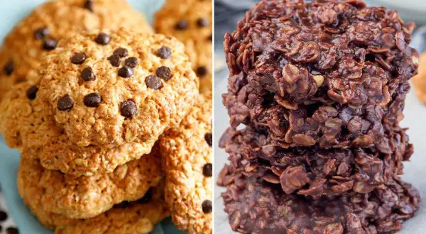 Dos tipos de galletas de avena y chocolate: unas clásicas con chispas y otras tipo "no-bake" oscuras y húmedas.