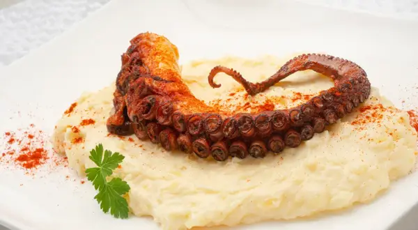 Un tentáculo de pulpo a la plancha, crujiente y especiado, reposa sobre un puré cremoso.