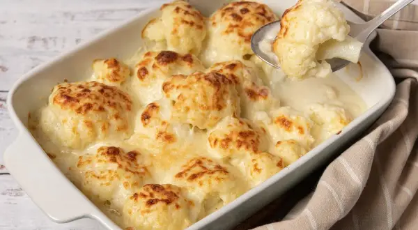 Coliflor gratinada con bechamel cremosa, lista para servir. Un plato reconfortante y delicioso.