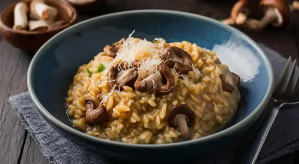 Un cremoso arroz a la milanesa con champiñones frescos y queso rallado, servido en un cuenco azul.