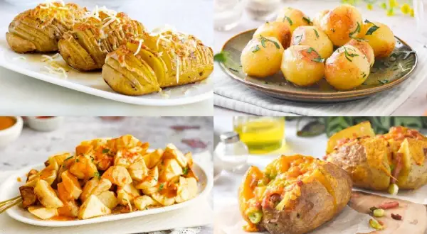Variedad de recetas con patatas: Hasselback gratinadas, patatas asadas enteras, patatas bravas y patatas rellenas. ¡Deliciosas ideas!