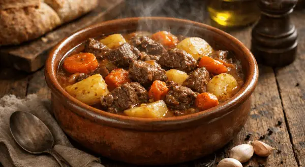 Un humeante estofado de ternera tradicional con patatas y zanahorias en una cazuela de barro, listo para servir.