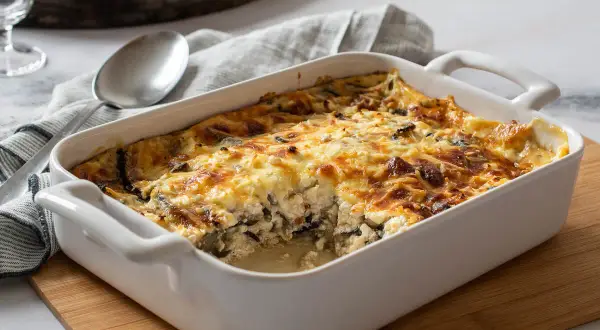 Pastel de berenjenas gratinado en una fuente blanca, listo para servir.