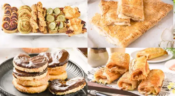 Variedad de recetas con hojaldre: palmeritas de chocolate, rollitos salados, bocaditos dulces y salados con queso y jamón.