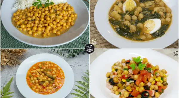 Cuatro platos deliciosos: garbanzos con curry y arroz, potaje de garbanzos con espinacas y huevo, guiso de garbanzos con verduras y ensalada de garbanzos. ¡Ideas para recetas con garbanzos de bote!
