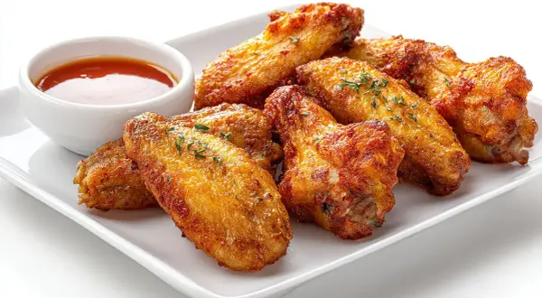 Deliciosas alitas de pollo al horno, doradas y crujientes, servidas con una salsa picante.