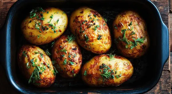 Patatas al horno doradas y crujientes, espolvoreadas con hierbas frescas, listas para disfrutar.