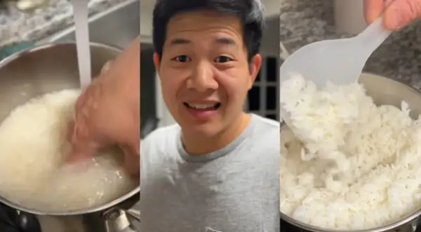 Hombre sonriente mostrando cómo lavar arroz para un delicioso arroz chino venezolano.