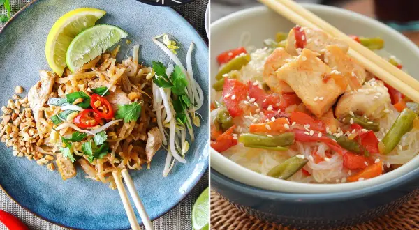 Dos platos de fideos de arroz: uno estilo Pad Thai con pollo, brotes y cacahuetes; otro con pollo, pimientos y judías verdes.