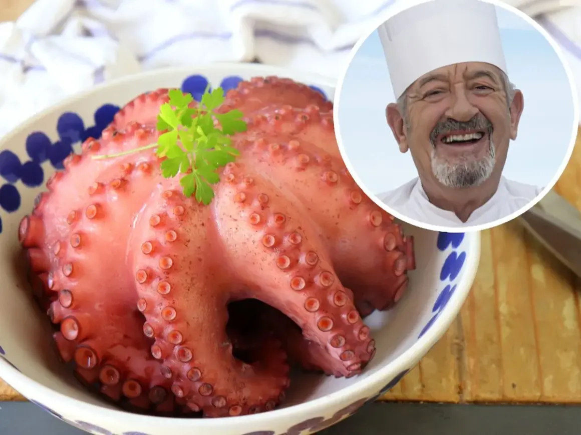 Pulpo a la gallega listo para servir, con un chef sonriente al fondo.