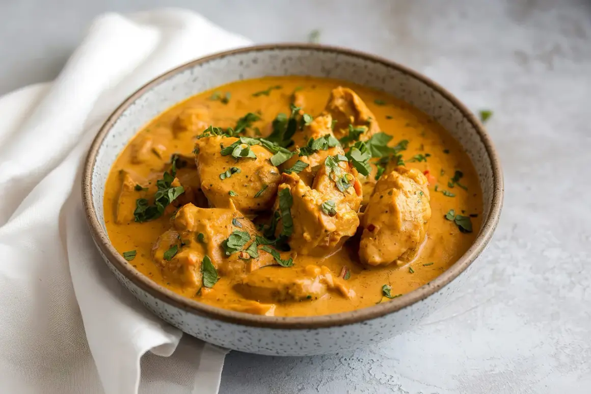 Un delicioso pollo al curry cremoso, adornado con cilantro fresco, servido en un cuenco rústico.